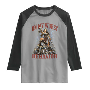 Bavarian Warrior Woman Drinking Beer Oktoberfest Graphic Raglan Shirt On My Wurst Behavior