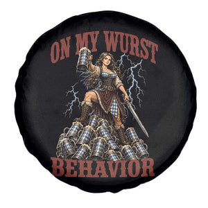 Bavarian Warrior Woman Drinking Beer Oktoberfest Graphic Spare Tire Cover On My Wurst Behavior