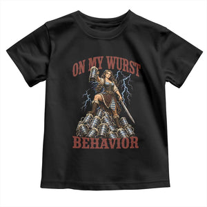 Bavarian Warrior Woman Drinking Beer Oktoberfest Graphic Toddler T Shirt On My Wurst Behavior