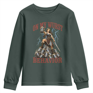 Bavarian Warrior Woman Drinking Beer Oktoberfest Graphic Youth Sweatshirt On My Wurst Behavior