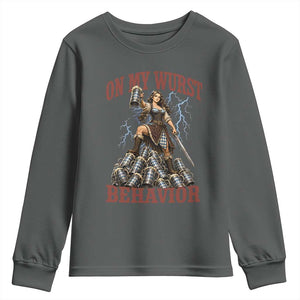 Bavarian Warrior Woman Drinking Beer Oktoberfest Graphic Youth Sweatshirt On My Wurst Behavior