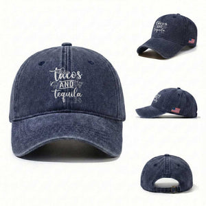 Tacos And Tequila Lover Washed Cotton Baseball Cap Funny Humor Gift TS12 Washed Cap Universal Fit Navy Print Your Wear