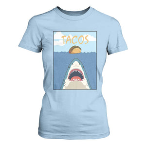 Funny Tacos Lover T Shirt For Women Shark Attack Humor Gift TS12 Light Blue Print Your Wear