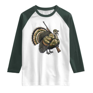 Funny Camo Turkey Hunter Rifle Gift Raglan Shirt TS12 White Dark Forest Green Print Your Wear