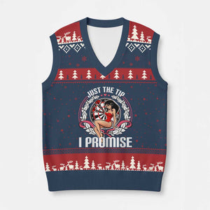Just The Tip I Promise V-Neck Knit Sweater Vest Funny Dart Player Quote For Pub Fans TS12 Navy Red Print Your Wear
