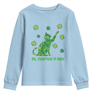 Funny St Catricks Day Youth Sweatshirt Lucky Shamrock Cat Saint Pattys TS12 Light Blue Print Your Wear