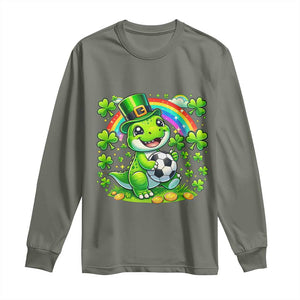 Cute Dinosaur Soccer Player Long Sleeve Shirt St Patricks Day Dino Lover TS12 Military Green Print Your Wear
