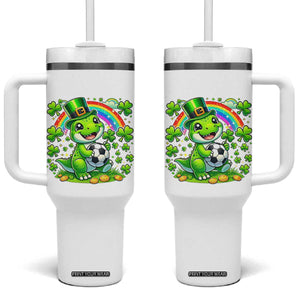 Cute Dinosaur Soccer Player Tumbler With Handle St Patricks Day Dino Lover TS12 One Size: 40 oz White Print Your Wear
