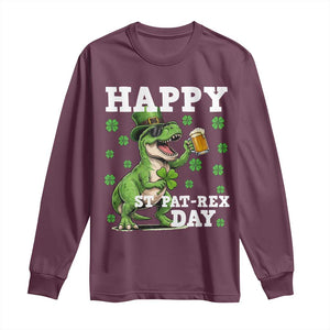 Happy St Pat Rex Day Long Sleeve Shirt Funny Dinosaur Drinking Beer TS12 Maroon Print Your Wear