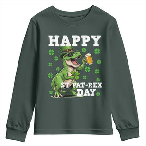 Happy St Pat Rex Day Youth Sweatshirt Funny Dinosaur Drinking Beer TS12 Dark Forest Green Print Your Wear
