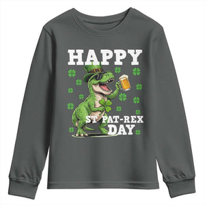 Happy St Pat Rex Day Youth Sweatshirt Funny Dinosaur Drinking Beer TS12 Dark Heather Print Your Wear