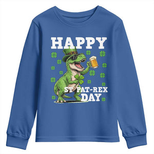 Happy St Pat Rex Day Youth Sweatshirt Funny Dinosaur Drinking Beer TS12 Royal Blue Print Your Wear