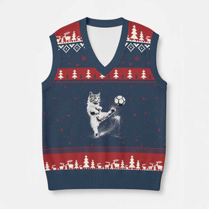 Cat Playing Soccer V-Neck Knit Sweater Vest Funny Cat Lover Gift TS12 Navy Red Print Your Wear