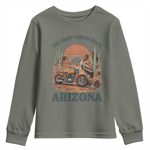 Vintage Arizona Motorcycle Rider Youth Sweatshirt Desert Cactus Grand Canyon State TS12 Military Green Print Your Wear