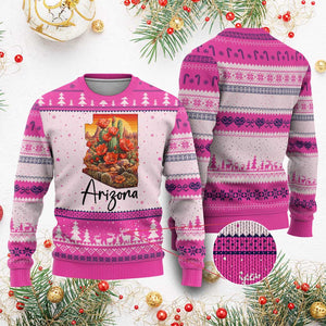 Arizona Map Blooming Cactus Flowers Gift Ugly Christmas Sweater TS12 Hot Pink Print Your Wear