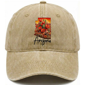 Arizona Map Blooming Cactus Flowers Gift Washed Cotton Baseball Cap TS12 Print Your Wear