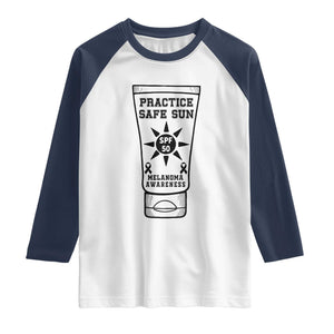 Practice Safe Sun Raglan Shirt Funny Melanoma Skin Cancer Graphic TS12 White Navy Print Your Wear