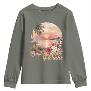 Daytona Beach Florida Youth Sweatshirt Tropical Palm Tree Ocean Travel Gift TS12 Military Green Print Your Wear