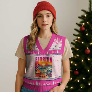 Retro Florida Beach V-Neck Knit Sweater Vest Summer Vacation Gift TS12 Hot Pink Print Your Wear
