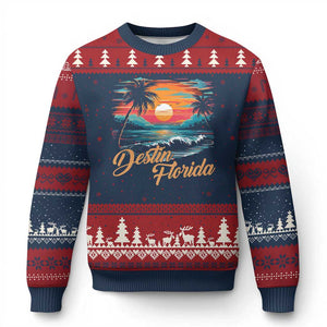 Destin Florida Beach Ugly Christmas Sweater Retro Sunset Palm Tree Graphic TS12 Navy Red Print Your Wear