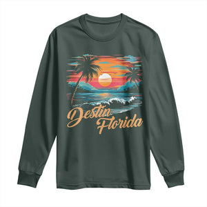 Destin Florida Beach Long Sleeve Shirt Retro Sunset Palm Tree Graphic TS12 Dark Forest Green Print Your Wear