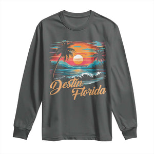 Destin Florida Beach Long Sleeve Shirt Retro Sunset Palm Tree Graphic TS12 Dark Heather Print Your Wear