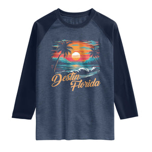 Destin Florida Beach Raglan Shirt Retro Sunset Palm Tree Graphic TS12 Heather Denim Navy Print Your Wear