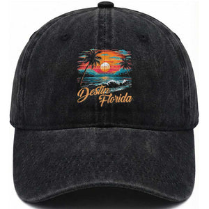 Destin Florida Beach Washed Cotton Baseball Cap Retro Sunset Palm Tree Graphic TS12 Print Your Wear