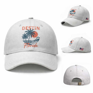 Vintage Destin Florida Beach Baseball Cap Sunset Palm Tree Graphic
