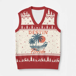 Vintage Destin Florida Beach V-Neck Knit Sweater Vest Sunset Palm Tree Graphic TS12 Beige Red Print Your Wear
