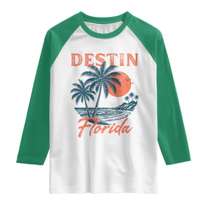 Vintage Destin Florida Beach Raglan Shirt Sunset Palm Tree Graphic TS12 White Kelly Green Print Your Wear