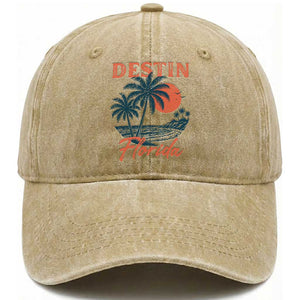 Vintage Destin Florida Beach Washed Cotton Baseball Cap Sunset Palm Tree Graphic TS12 Print Your Wear