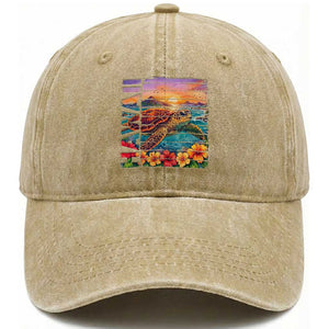 Hawaii Sea Turtle Washed Cotton Baseball Cap Tropical Sunset Island Vacation Gift TS12 Print Your Wear