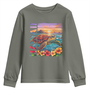 Hawaii Sea Turtle Youth Sweatshirt Tropical Sunset Island Vacation Gift TS12 Military Green Print Your Wear