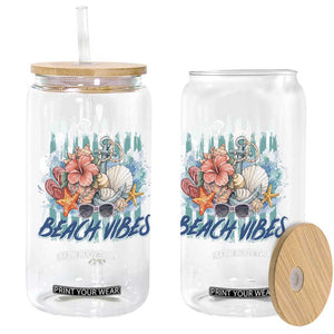 Beach Vibes Glass Can Floral Seashell Coastal Vacation Graphic