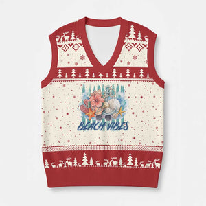 Beach Vibes V-Neck Knit Sweater Vest Floral Seashell Coastal Vacation Graphic TS12 Beige Red Print Your Wear