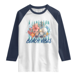 Beach Vibes Raglan Shirt Floral Seashell Coastal Vacation Graphic TS12 White Navy Print Your Wear