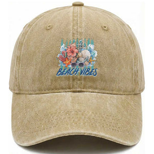 Beach Vibes Washed Cotton Baseball Cap Floral Seashell Coastal Vacation Graphic TS12 Print Your Wear