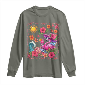Funny Flamingo Tropical Floral Summer Vacation Graphic Long Sleeve Shirt TS12 Military Green Print Your Wear