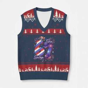 Patriotic Six Seven V-Neck Knit Sweater Vest Red White And Blue Fireworks Graphic