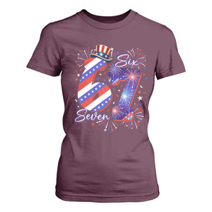 Patriotic Six Seven T Shirt For Women Red White And Blue Fireworks Graphic