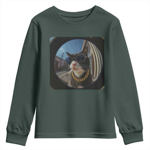 Smoking Cat Youth Sweatshirt Meme Funny Cool Kitten TS12 Dark Forest Green Print Your Wear