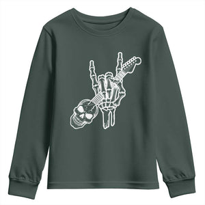 Rock N Roll Youth Sweatshirt Skeleton Hand Playing Guitar Heavy Metal Music TS12 Dark Forest Green Print Your Wear