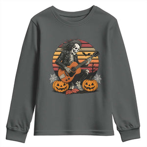 Halloween Rock Youth Sweatshirt Skeleton Playing Guitar Rock And Roll TS12 Dark Heather Print Your Wear
