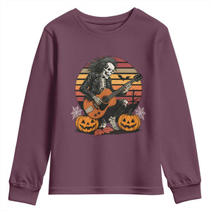 Halloween Rock Youth Sweatshirt Skeleton Playing Guitar Rock And Roll TS12 Maroon Print Your Wear