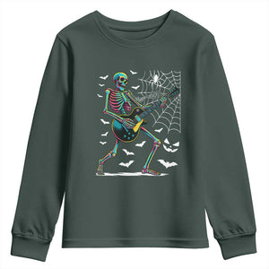 Halloween Rock And Roll Youth Sweatshirt Skeleton Playing Guitar TS12 Dark Forest Green Print Your Wear