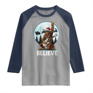 Christmas Bigfoot Raglan Shirt Believe Funny Santa Rock N Roll TS12 Sport Gray Navy Print Your Wear