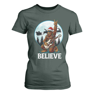 Christmas Bigfoot T Shirt For Women Believe Funny Santa Rock N Roll TS12 Dark Forest Green Print Your Wear