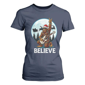 Christmas Bigfoot T Shirt For Women Believe Funny Santa Rock N Roll TS12 Navy Print Your Wear