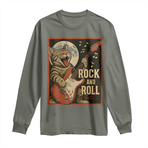 Funny Rock And Roll Long Sleeve Shirt Cat Playing Electric Guitar Music Lover TS12 Military Green Print Your Wear